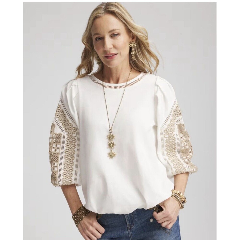 chico's women's Small Bubble Hem Pleated Cotton Top Boho Party Coastal Femenine